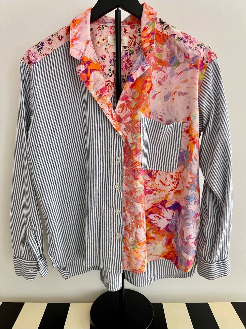 Maeve Striped and Floral Mixed-Print Button-Up Shirt - Orange